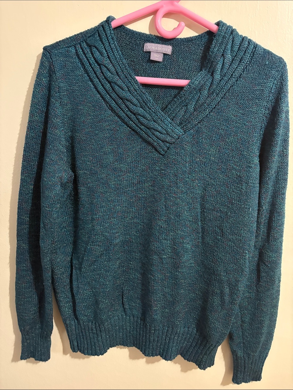 Laura Scott Teal Marled Cable-Knit V-Neck Sweater